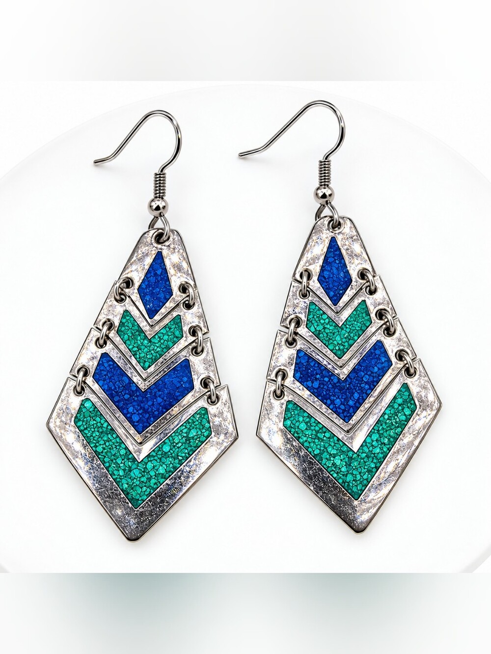 Alpaca Vintage Signed Silver Blue & Turquoise Chevron Dangle Earrings 2.5"